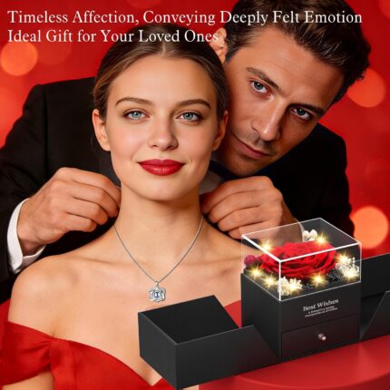 Qnxoat r preserved red rose necklace with a heart pendant that projects "I Love You" inside a light-up gift box.