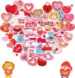 A colorful assortment of 300 unique Sesunbla Valentine's Day themed vinyl stickers, featuring hearts, animals, and floral pat