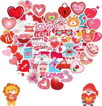 A colorful assortment of 300 unique Sesunbla Valentine's Day themed vinyl stickers, featuring hearts, animals, and floral pat