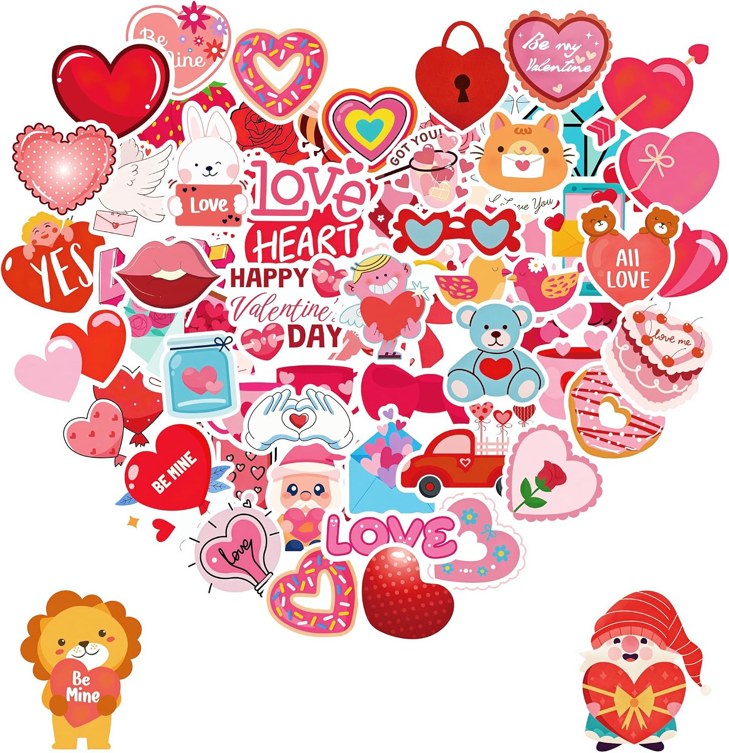sesunbla-300-piece-non-repeating-waterproof-vinyl-valentines-day-stickers-01 A colorful assortment of 300 unique Sesunbla Valentine's Day themed vinyl stickers, featuring hearts, animals, and floral pat