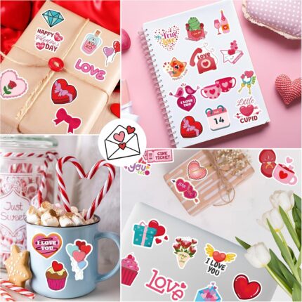 A colorful assortment of 300 unique Sesunbla Valentine's Day themed vinyl stickers, featuring hearts, animals, and floral pat