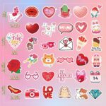 A colorful assortment of 300 unique Sesunbla Valentine's Day themed vinyl stickers, featuring hearts, animals, and floral pat