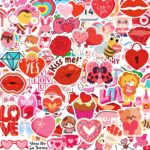 A colorful assortment of 300 unique Sesunbla Valentine's Day themed vinyl stickers, featuring hearts, animals, and floral pat