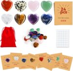 Twenty-four individual heart-shaped crystal cards with various healing stones, packaged for kids' classroom Valentine's Day g