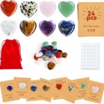 Twenty-four individual heart-shaped crystal cards with various healing stones, packaged for kids' classroom Valentine's Day g