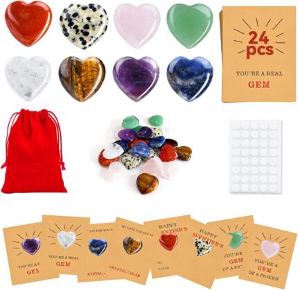 Twenty-four individual heart-shaped crystal cards with various healing stones, packaged for kids' classroom Valentine's Day g