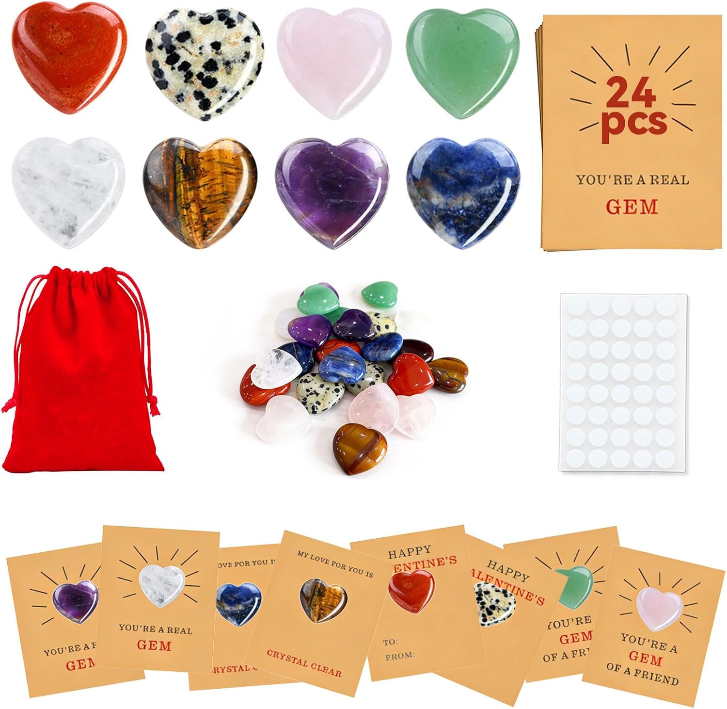 shuli-24-pack-heart-crystal-cards-for-kids-classroom-valentine-exchange-01 Twenty-four individual heart-shaped crystal cards with various healing stones, packaged for kids' classroom Valentine's Day g