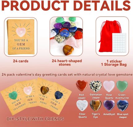 Twenty-four individual heart-shaped crystal cards with various healing stones, packaged for kids' classroom Valentine's Day g