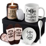 Vabean 5-Piece Coffee Gift Basket with ceramic mug, spoon, spoon rest, coffee candle, and patterned socks in a gift box.