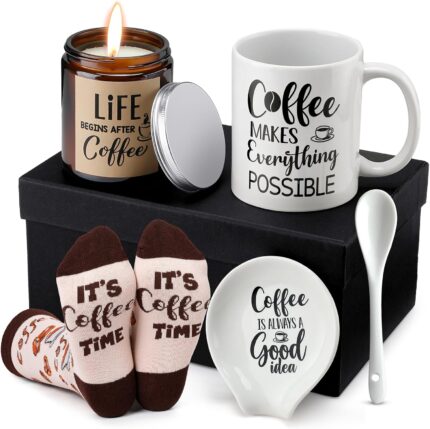 Vabean 5-Piece Coffee Gift Basket with ceramic mug, spoon, spoon rest, coffee candle, and patterned socks in a gift box.