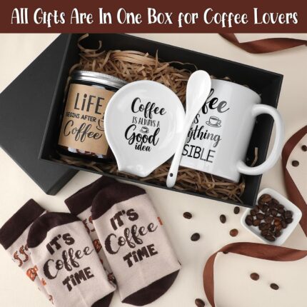 Vabean 5-Piece Coffee Gift Basket with ceramic mug, spoon, spoon rest, coffee candle, and patterned socks in a gift box.