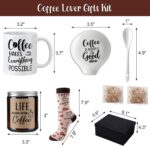 Vabean 5-Piece Coffee Gift Basket with ceramic mug, spoon, spoon rest, coffee candle, and patterned socks in a gift box.
