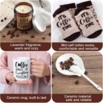 Vabean 5-Piece Coffee Gift Basket with ceramic mug, spoon, spoon rest, coffee candle, and patterned socks in a gift box.