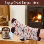 Vabean 5-Piece Coffee Gift Basket with ceramic mug, spoon, spoon rest, coffee candle, and patterned socks in a gift box.