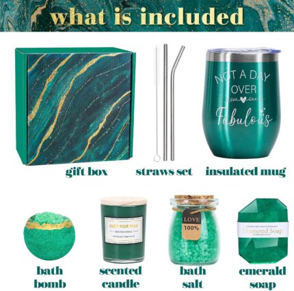 An emerald green spa gift basket featuring a bath bomb, body salt, candle, gem soap, and a stainless steel wine mug.