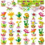 A colorful display of 24 individually packaged STEM flower and plant building sets with Valentine's Day cards, suitable for k
