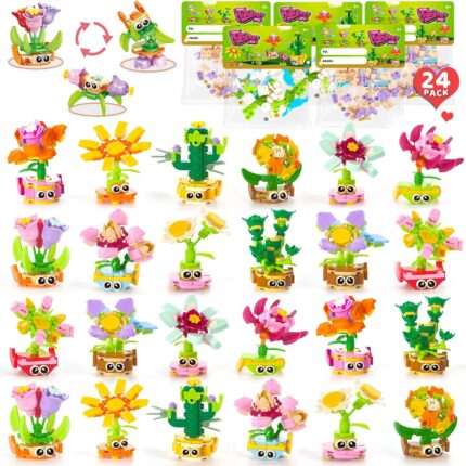A colorful display of 24 individually packaged STEM flower and plant building sets with Valentine's Day cards, suitable for k