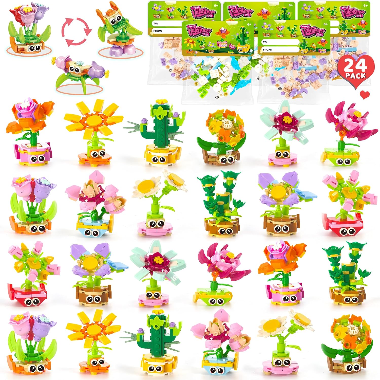 wisdom-castle-24-pack-stem-flower-plant-building-sets-72-models-for-kids-6-01 A colorful display of 24 individually packaged STEM flower and plant building sets with Valentine's Day cards, suitable for k