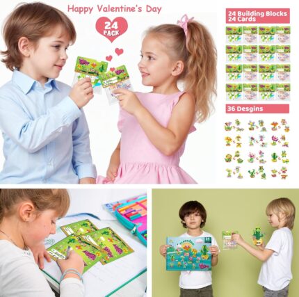 A colorful display of 24 individually packaged STEM flower and plant building sets with Valentine's Day cards, suitable for k