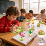 A colorful display of 24 individually packaged STEM flower and plant building sets with Valentine's Day cards, suitable for k