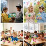 A colorful display of 24 individually packaged STEM flower and plant building sets with Valentine's Day cards, suitable for k