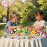 A colorful display of 24 individually packaged STEM flower and plant building sets with Valentine's Day cards, suitable for k