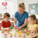 A colorful display of 24 individually packaged STEM flower and plant building sets with Valentine's Day cards, suitable for k