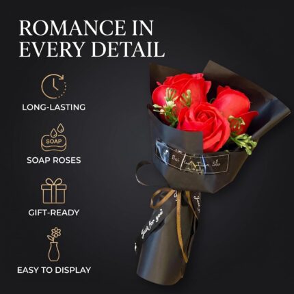 A vibrant red artificial rose bouquet featuring three realistic soap flower blooms with green faux silk leaves, arranged in a